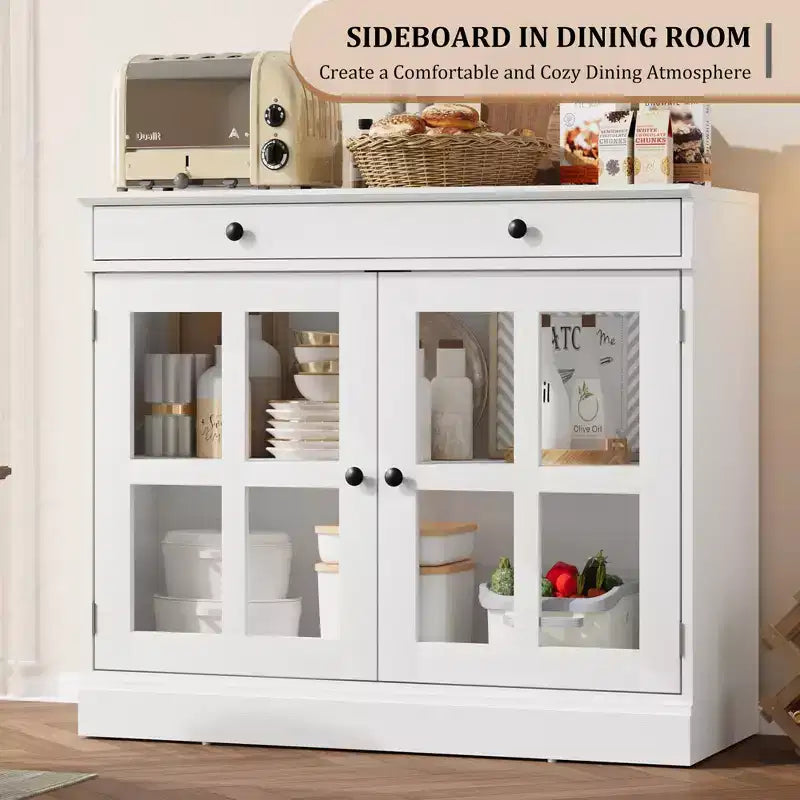 Kitchen Storage Cabinet, 2 Glass Door Buffet Side Storage Drawers with Adjustable Shelves for Dining Room, Kitchen, Entryway