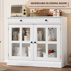 Kitchen Storage Cabinet, 2 Glass Door Buffet Side Storage Drawers with Adjustable Shelves for Dining Room, Kitchen, Entryway