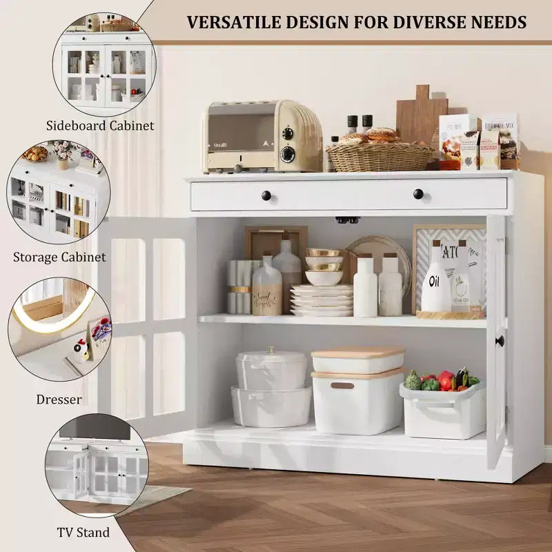 Kitchen Storage Cabinet, 2 Glass Door Buffet Side Storage Drawers with Adjustable Shelves for Dining Room, Kitchen, Entryway