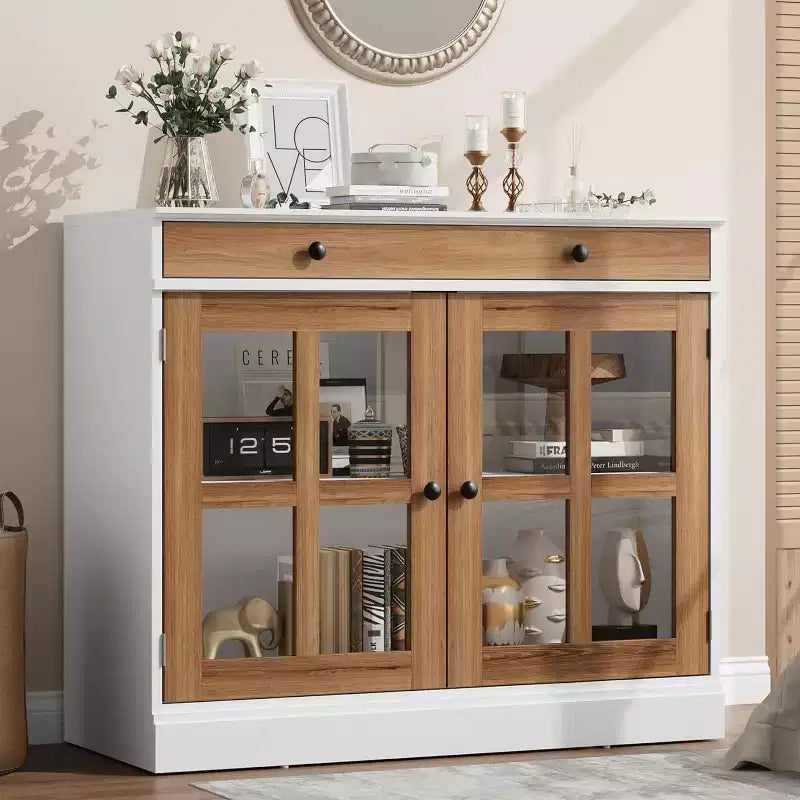 Kitchen Storage Cabinet, 2 Glass Door Buffet Side Storage Drawers with Adjustable Shelves for Dining Room, Kitchen, Entryway