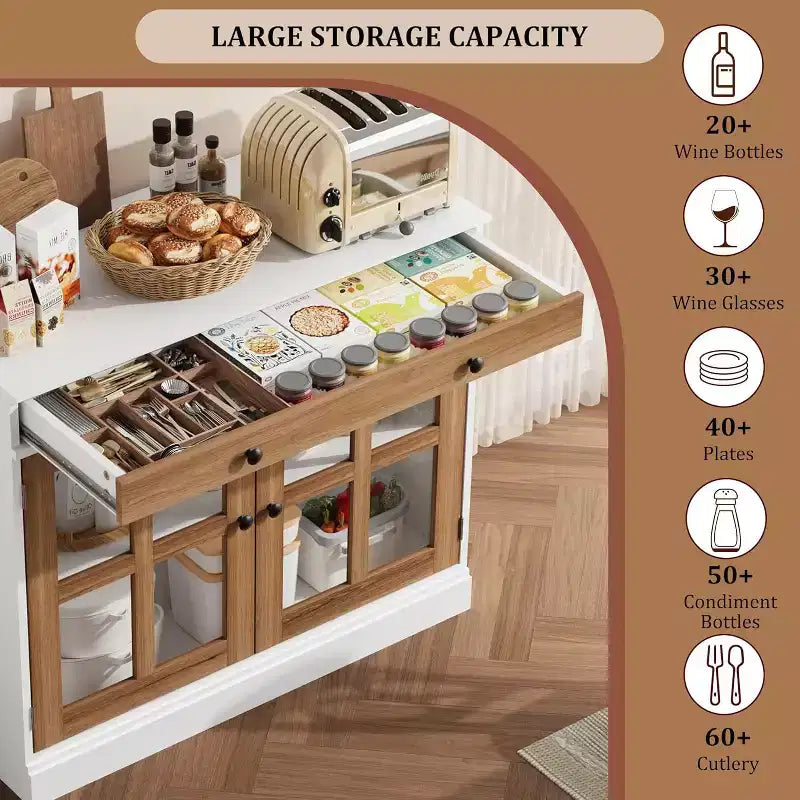 Kitchen Storage Cabinet, 2 Glass Door Buffet Side Storage Drawers with Adjustable Shelves for Dining Room, Kitchen, Entryway
