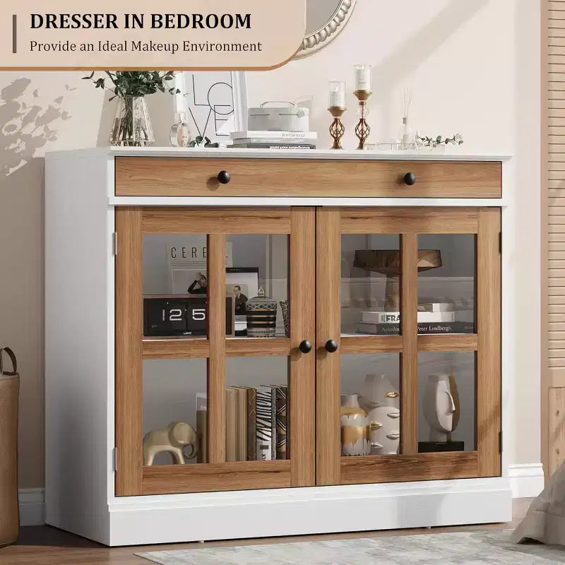 Kitchen Storage Cabinet, 2 Glass Door Buffet Side Storage Drawers with Adjustable Shelves for Dining Room, Kitchen, Entryway
