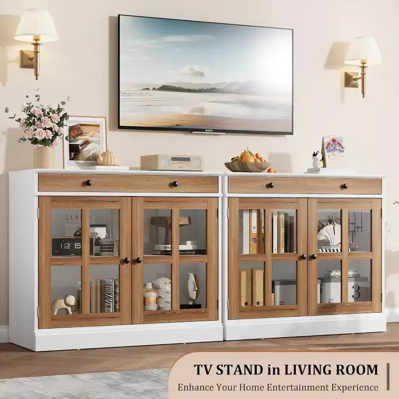 Kitchen Storage Cabinet, 2 Glass Door Buffet Side Storage Drawers with Adjustable Shelves for Dining Room, Kitchen, Entryway