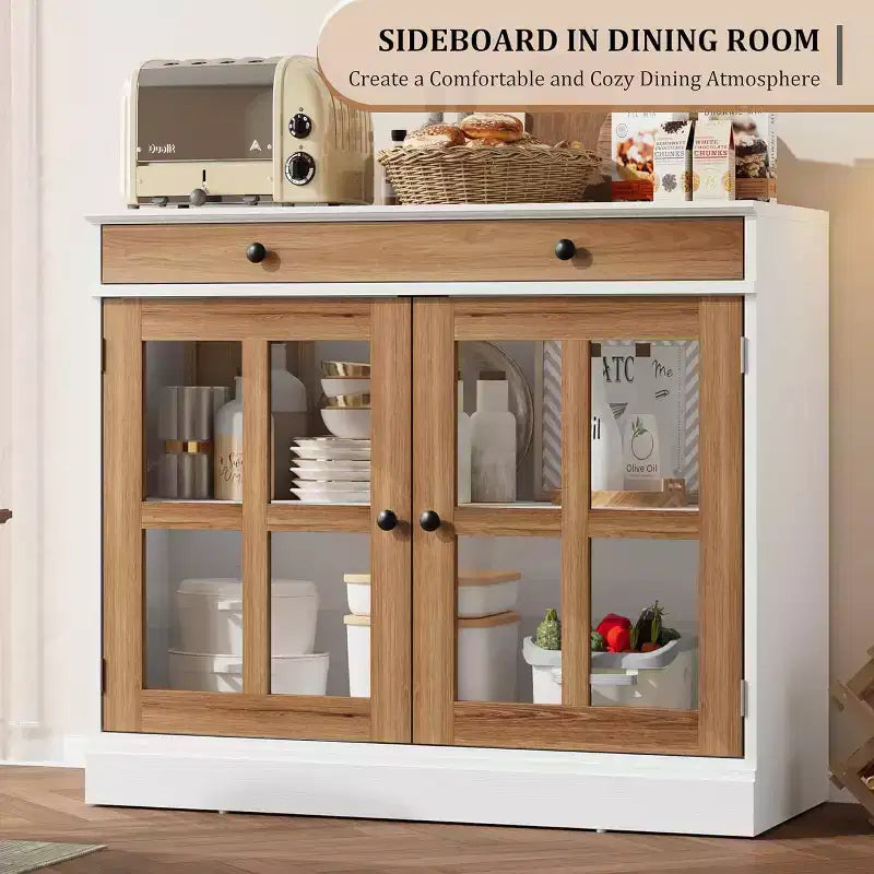 Kitchen Storage Cabinet, 2 Glass Door Buffet Side Storage Drawers with Adjustable Shelves for Dining Room, Kitchen, Entryway