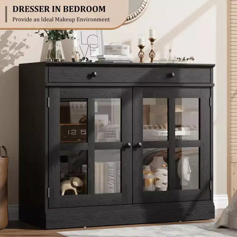 Kitchen Storage Cabinet, 2 Glass Door Buffet Side Storage Drawers with Adjustable Shelves for Dining Room, Kitchen, Entryway