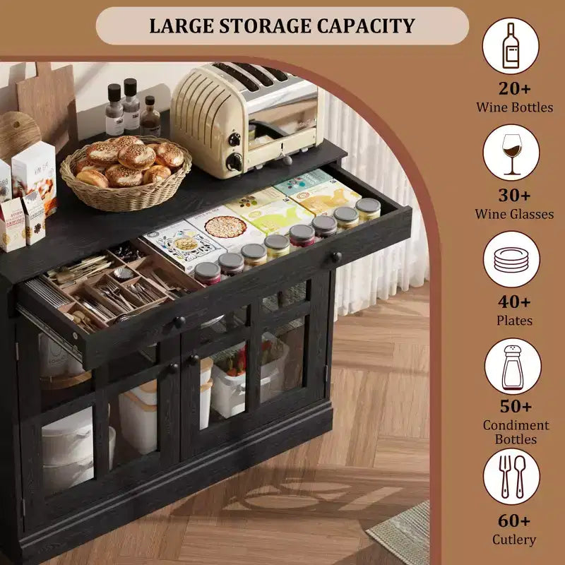 Kitchen Storage Cabinet, 2 Glass Door Buffet Side Storage Drawers with Adjustable Shelves for Dining Room, Kitchen, Entryway