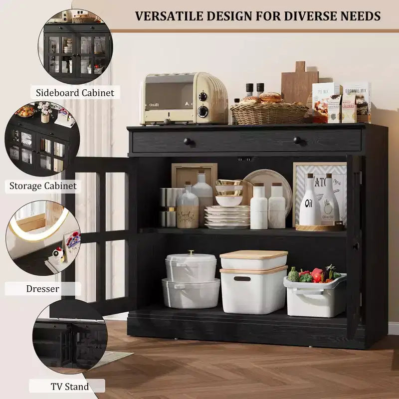 Kitchen Storage Cabinet, 2 Glass Door Buffet Side Storage Drawers with Adjustable Shelves for Dining Room, Kitchen, Entryway