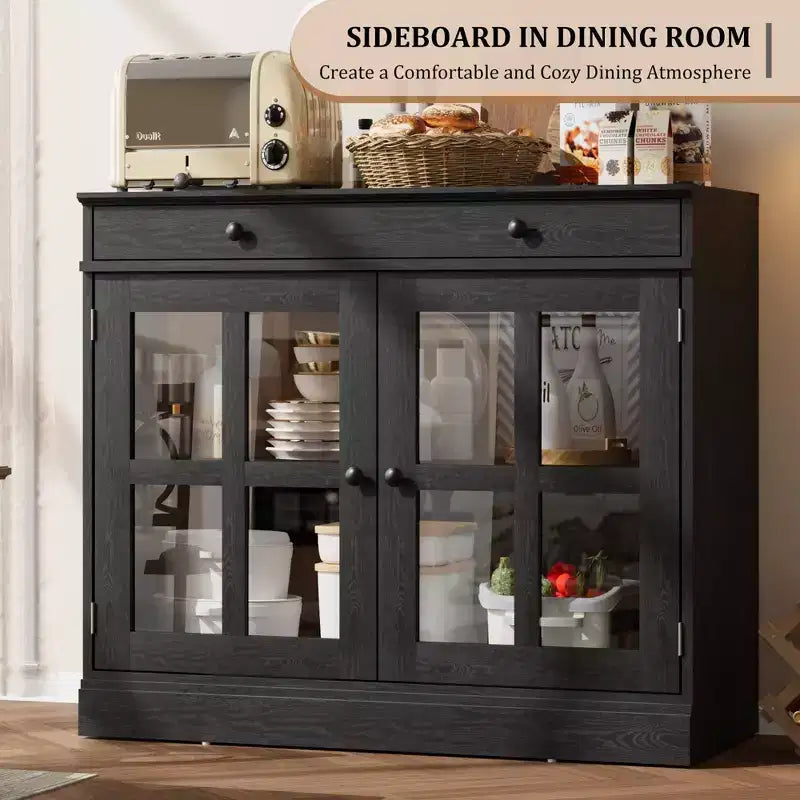 Kitchen Storage Cabinet, 2 Glass Door Buffet Side Storage Drawers with Adjustable Shelves for Dining Room, Kitchen, Entryway