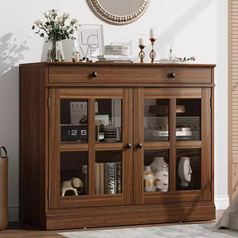 Kitchen Storage Cabinet, 2 Glass Door Buffet Side Storage Drawers with Adjustable Shelves for Dining Room, Kitchen, Entryway