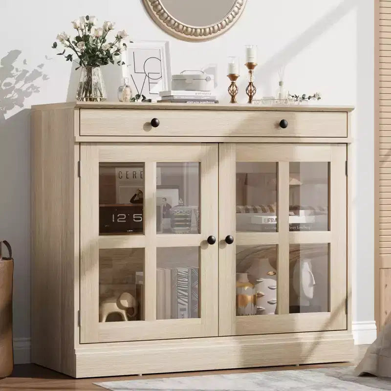 Kitchen Storage Cabinet, 2 Glass Door Buffet Side Storage Drawers with Adjustable Shelves for Dining Room, Kitchen, Entryway