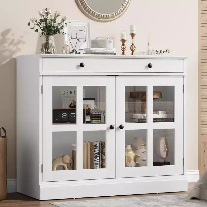 Kitchen Storage Cabinet, 2 Glass Door Buffet Side Storage Drawers with Adjustable Shelves for Dining Room, Kitchen, Entryway