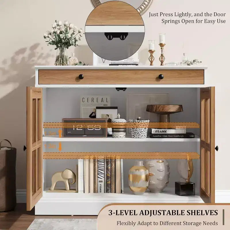Kitchen Storage Cabinet, 2 Glass Door Buffet Side Storage Drawers with Adjustable Shelves for Dining Room, Kitchen, Entryway