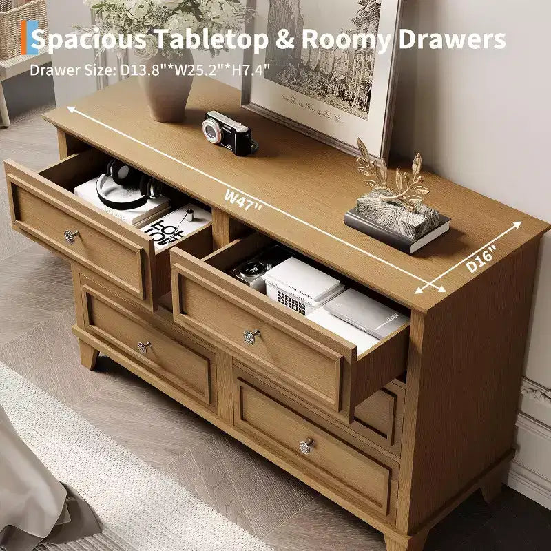 6 Drawer Dresser, Wooden Storage Chest of Drawers with Metal Handles, Modern Wide Dresser TV Stand, for Bedroom, Living Room, Entryway