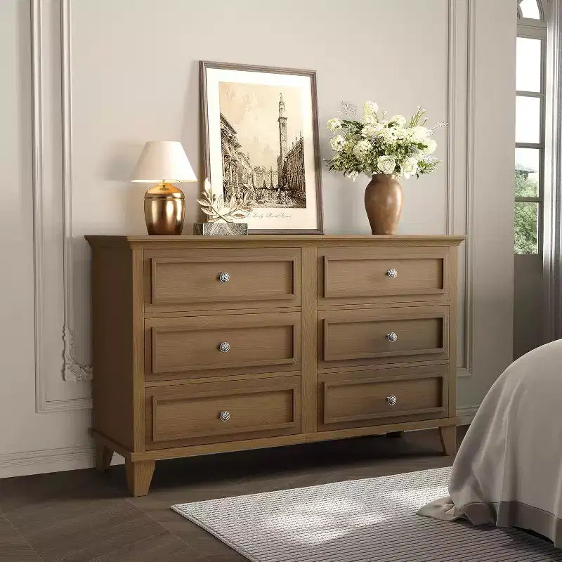 6 Drawer Dresser, Wooden Storage Chest of Drawers with Metal Handles, Modern Wide Dresser TV Stand, for Bedroom, Living Room, Entryway