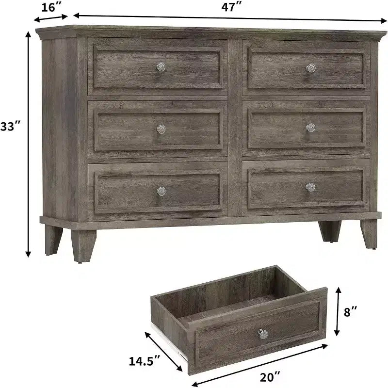 6 Drawer Dresser, Wooden Storage Chest of Drawers with Metal Handles, Modern Wide Dresser TV Stand, for Bedroom, Living Room, Entryway