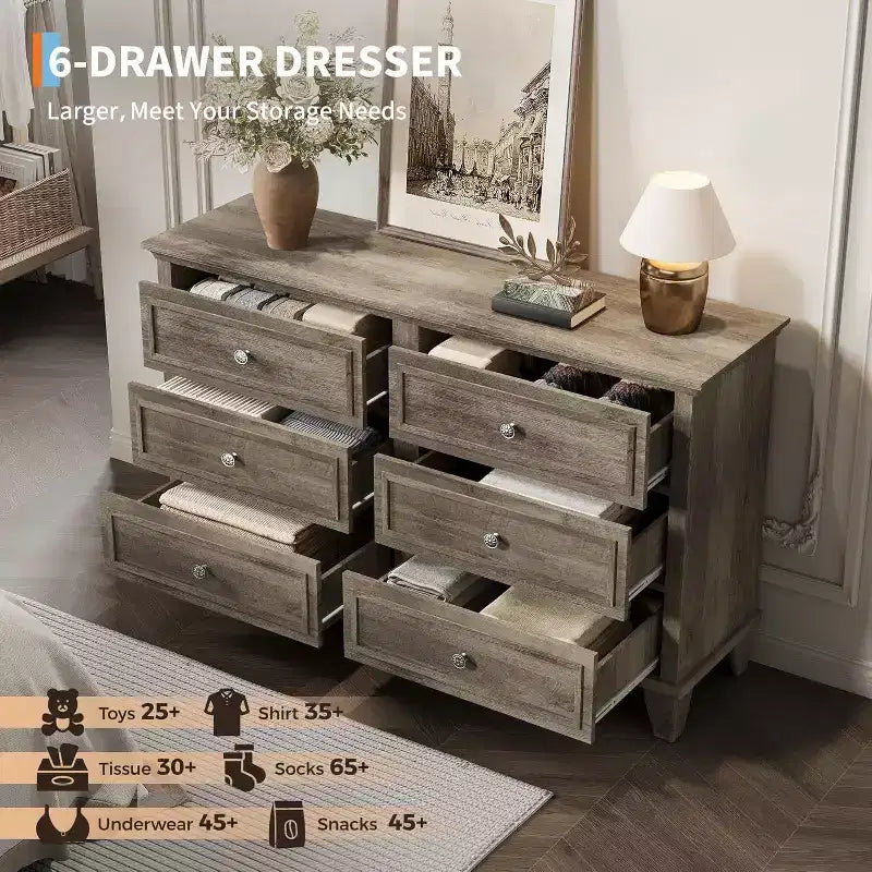 6 Drawer Dresser, Wooden Storage Chest of Drawers with Metal Handles, Modern Wide Dresser TV Stand, for Bedroom, Living Room, Entryway
