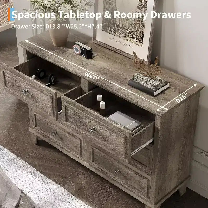 6 Drawer Dresser, Wooden Storage Chest of Drawers with Metal Handles, Modern Wide Dresser TV Stand, for Bedroom, Living Room, Entryway