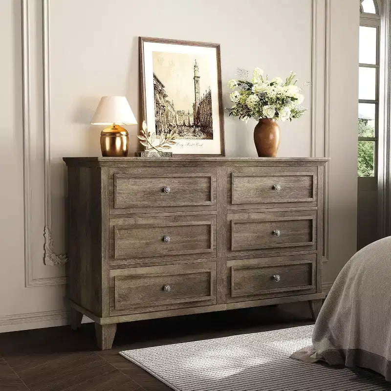 6 Drawer Dresser, Wooden Storage Chest of Drawers with Metal Handles, Modern Wide Dresser TV Stand, for Bedroom, Living Room, Entryway