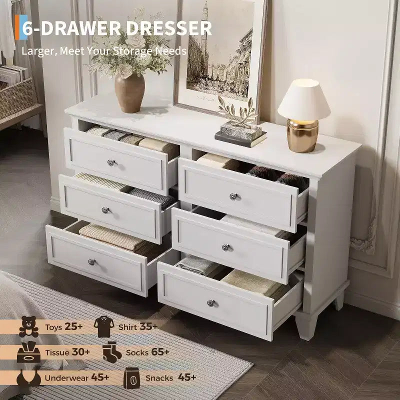 6 Drawer Dresser, Wooden Storage Chest of Drawers with Metal Handles, Modern Wide Dresser TV Stand, for Bedroom, Living Room, Entryway