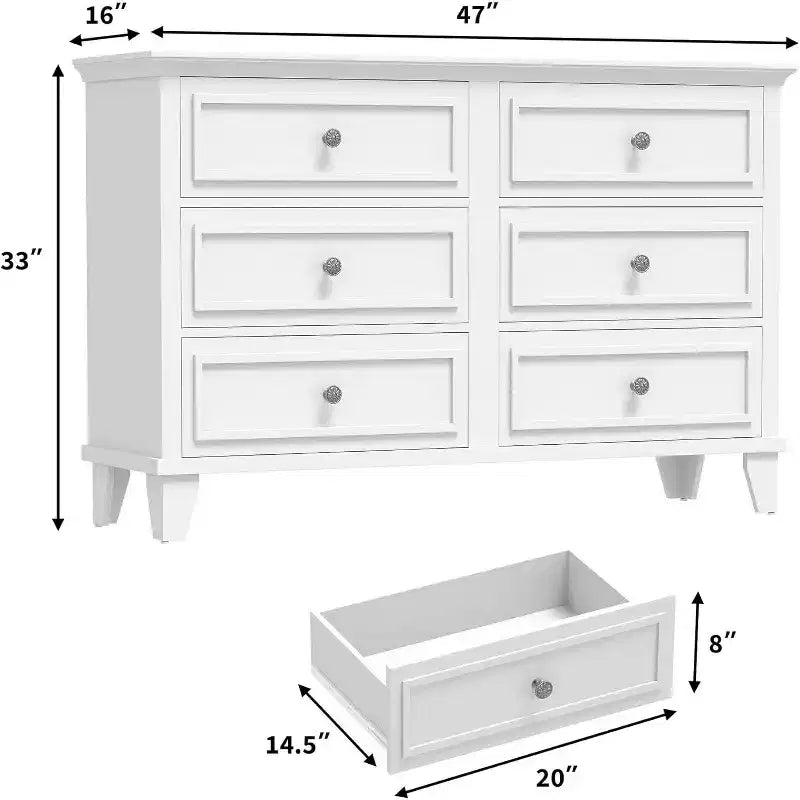6 Drawer Dresser, Wooden Storage Chest of Drawers with Metal Handles, Modern Wide Dresser TV Stand, for Bedroom, Living Room, Entryway