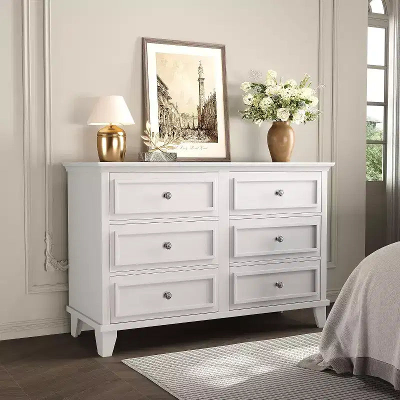 6 Drawer Dresser, Wooden Storage Chest of Drawers with Metal Handles, Modern Wide Dresser TV Stand, for Bedroom, Living Room, Entryway