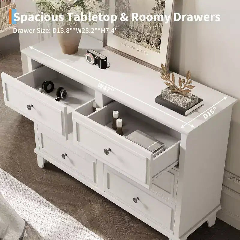 6 Drawer Dresser, Wooden Storage Chest of Drawers with Metal Handles, Modern Wide Dresser TV Stand, for Bedroom, Living Room, Entryway