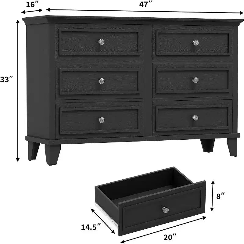6 Drawer Dresser, Wooden Storage Chest of Drawers with Metal Handles, Modern Wide Dresser TV Stand, for Bedroom, Living Room, Entryway