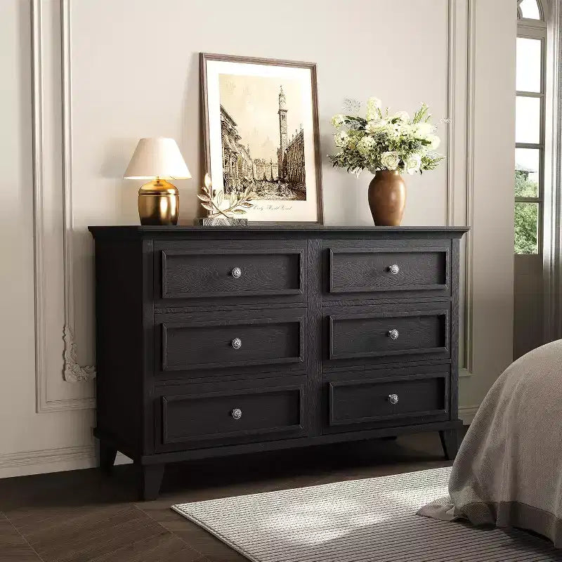 6 Drawer Dresser, Wooden Storage Chest of Drawers with Metal Handles, Modern Wide Dresser TV Stand, for Bedroom, Living Room, Entryway