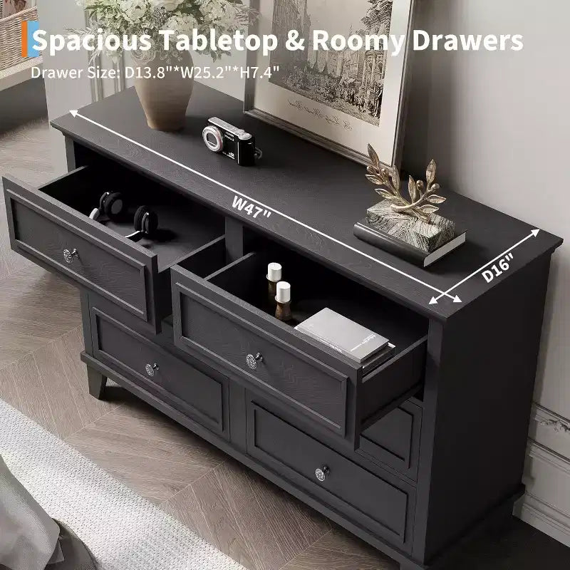 6 Drawer Dresser, Wooden Storage Chest of Drawers with Metal Handles, Modern Wide Dresser TV Stand, for Bedroom, Living Room, Entryway