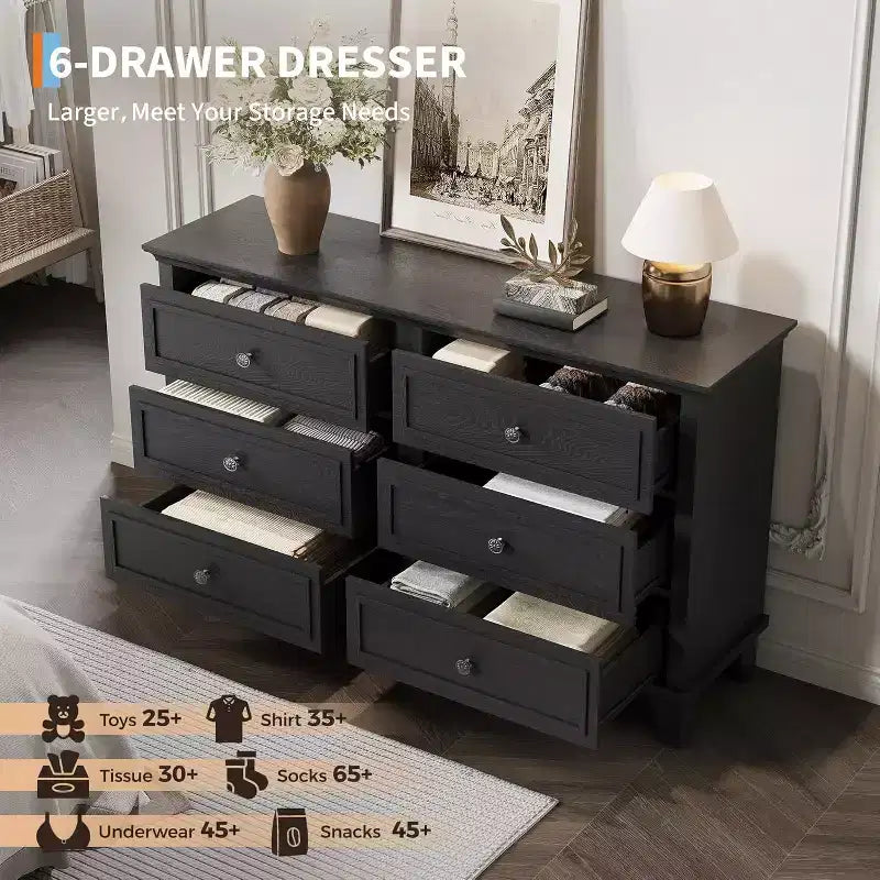 6 Drawer Dresser, Wooden Storage Chest of Drawers with Metal Handles, Modern Wide Dresser TV Stand, for Bedroom, Living Room, Entryway