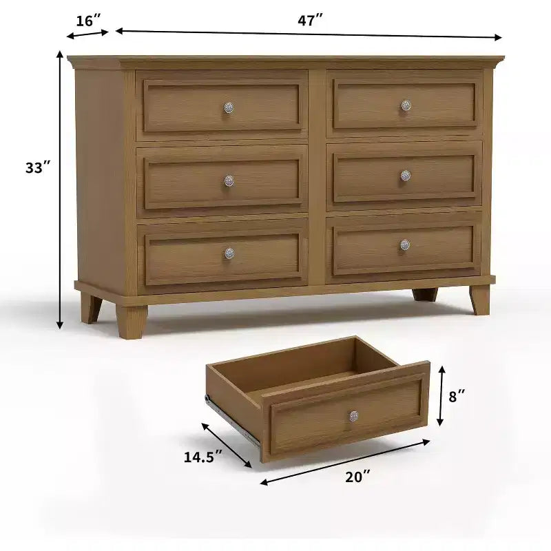 6 Drawer Dresser, Wooden Storage Chest of Drawers with Metal Handles, Modern Wide Dresser TV Stand, for Bedroom, Living Room, Entryway