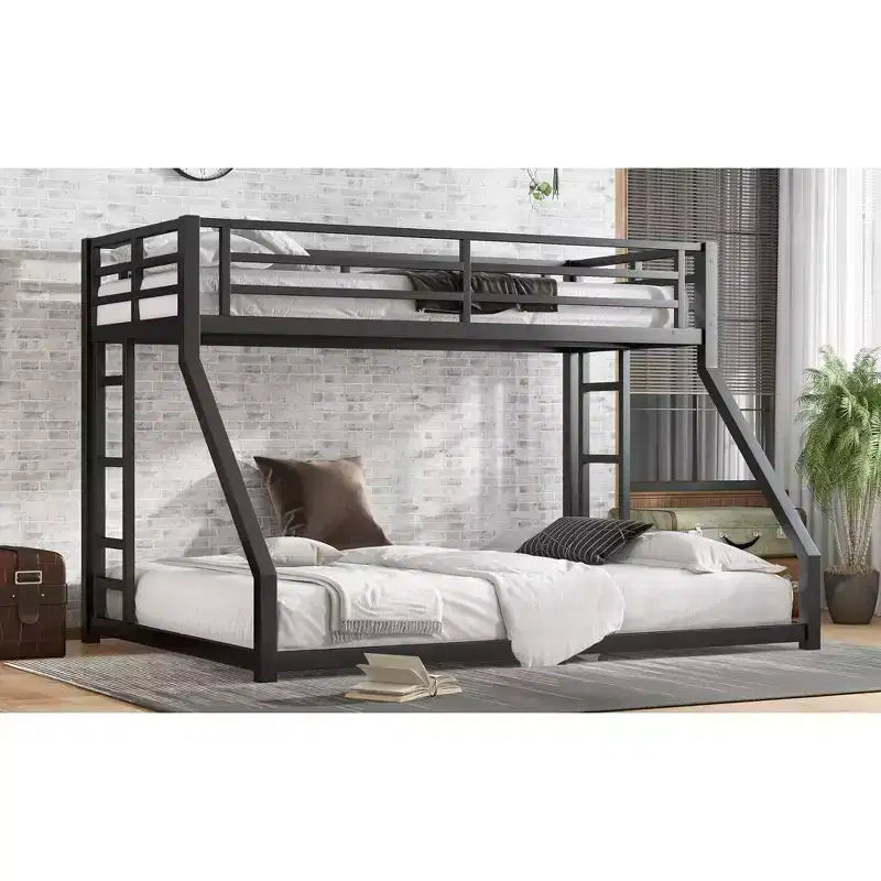 Bunk Bed for Upper Approx. 97 × 203 cm and Lower Approx. 152 × 203 cm Mattresses with Ladder and Safety Guardrail – Black