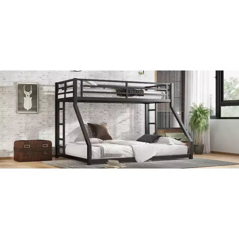 Bunk Bed for Upper Approx. 97 × 203 cm and Lower Approx. 152 × 203 cm Mattresses with Ladder and Safety Guardrail – Black