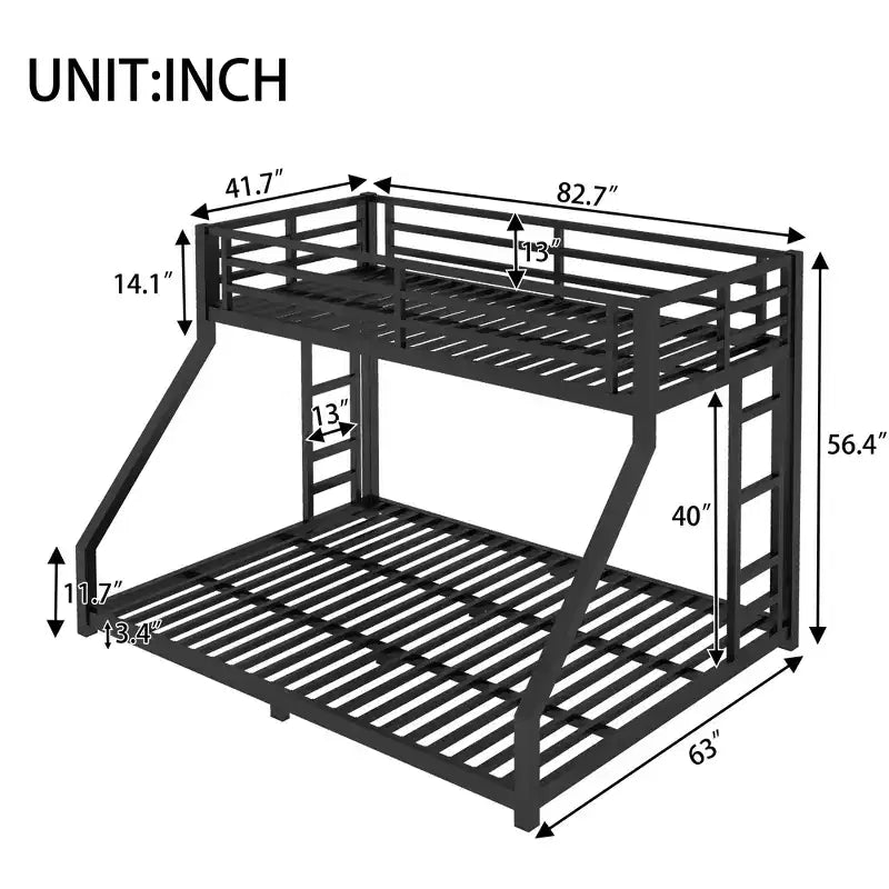 Bunk Bed for Upper Approx. 97 × 203 cm and Lower Approx. 152 × 203 cm Mattresses with Ladder and Safety Guardrail – Black