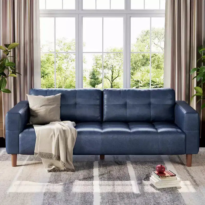 210.8 cm Faux Leather 3-Seater Sofa with Back Cushion – Mid-Century Modern