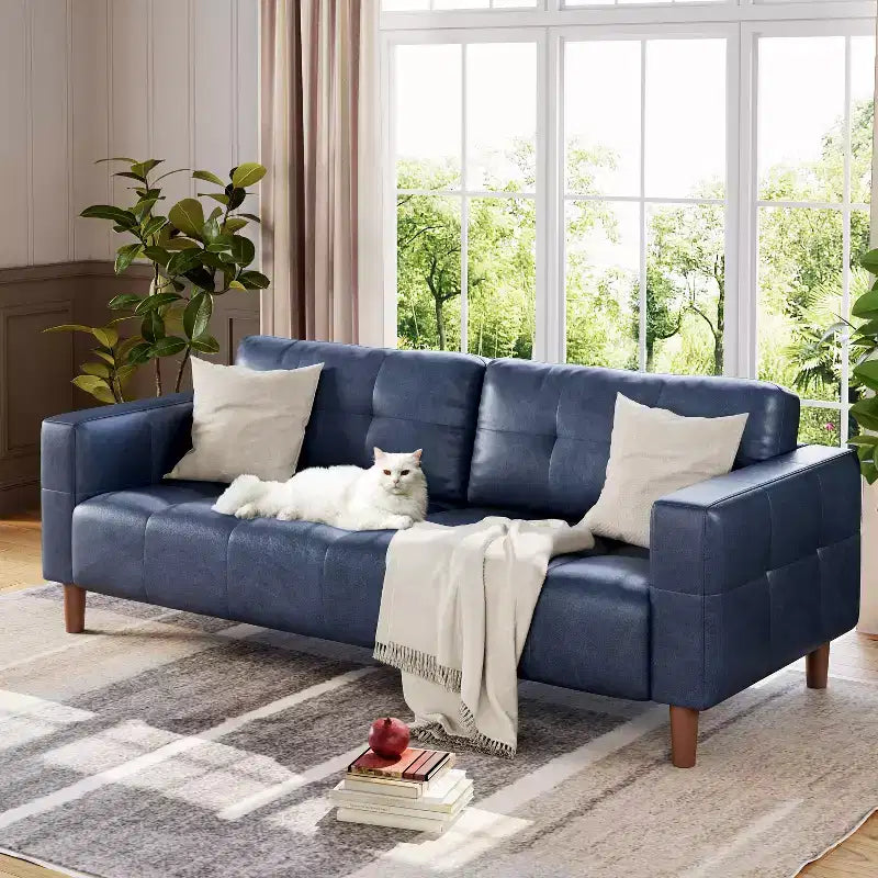 210.8 cm Faux Leather 3-Seater Sofa with Back Cushion – Mid-Century Modern