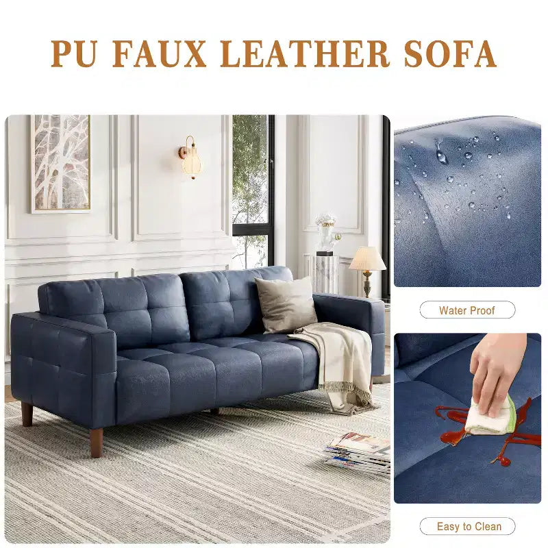 210.8 cm Faux Leather 3-Seater Sofa with Back Cushion – Mid-Century Modern