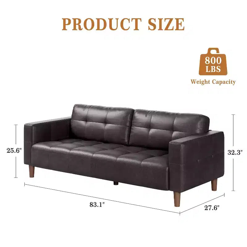 210.8 cm Faux Leather 3-Seater Sofa with Back Cushion – Mid-Century Modern
