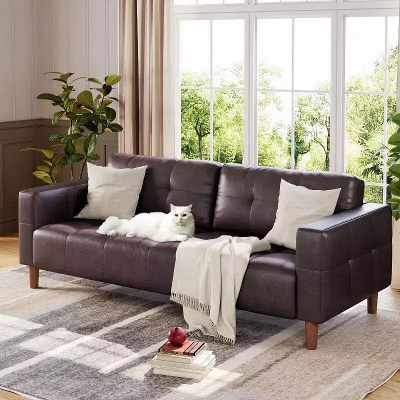 210.8 cm Faux Leather 3-Seater Sofa with Back Cushion – Mid-Century Modern