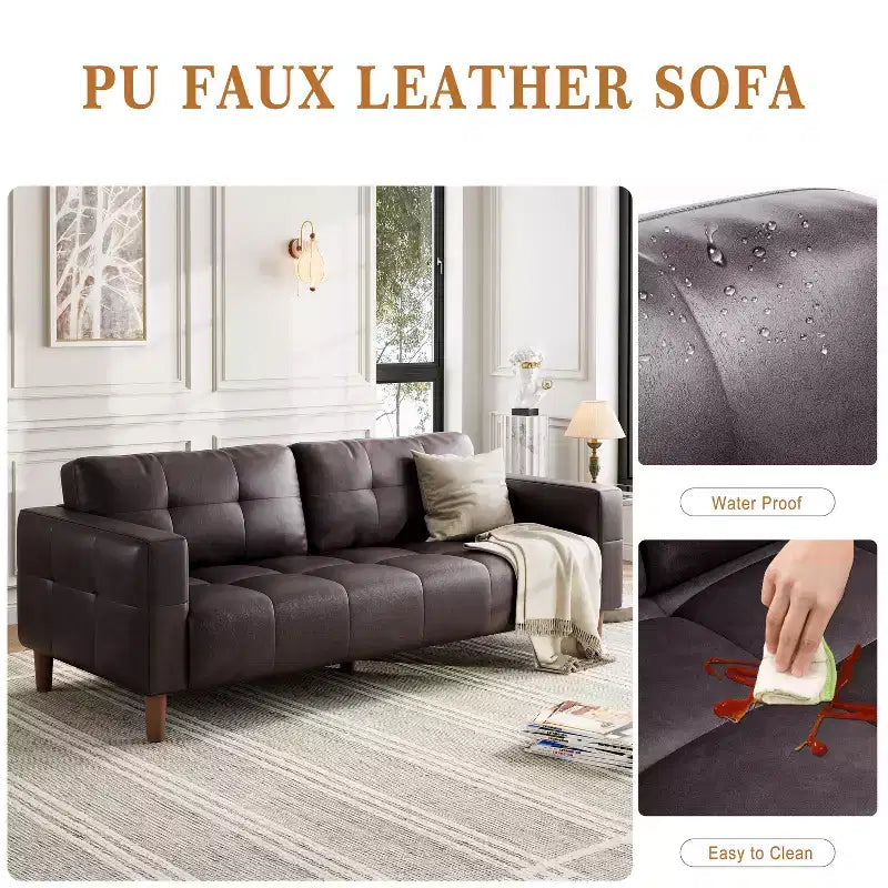 210.8 cm Faux Leather 3-Seater Sofa with Back Cushion – Mid-Century Modern