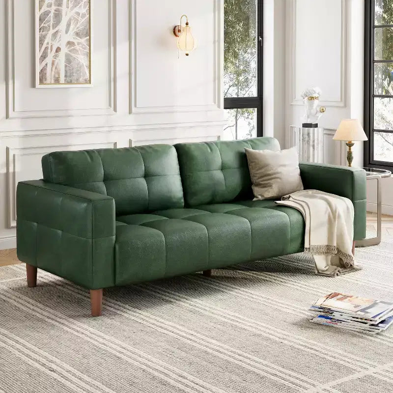 210.8 cm Faux Leather 3-Seater Sofa with Back Cushion – Mid-Century Modern