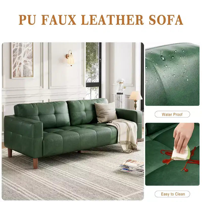 210.8 cm Faux Leather 3-Seater Sofa with Back Cushion – Mid-Century Modern