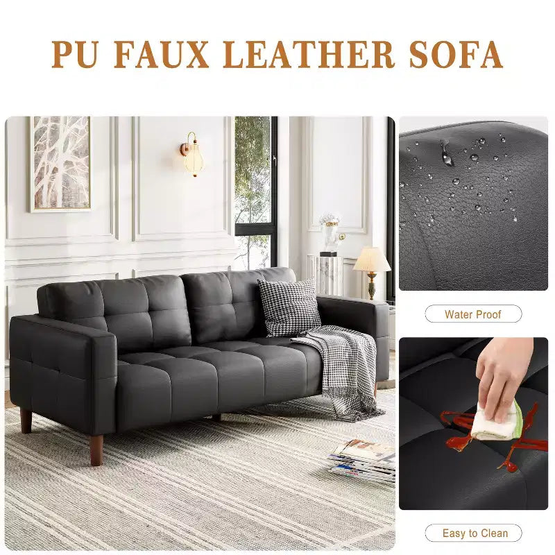 210.8 cm Faux Leather 3-Seater Sofa with Back Cushion – Mid-Century Modern