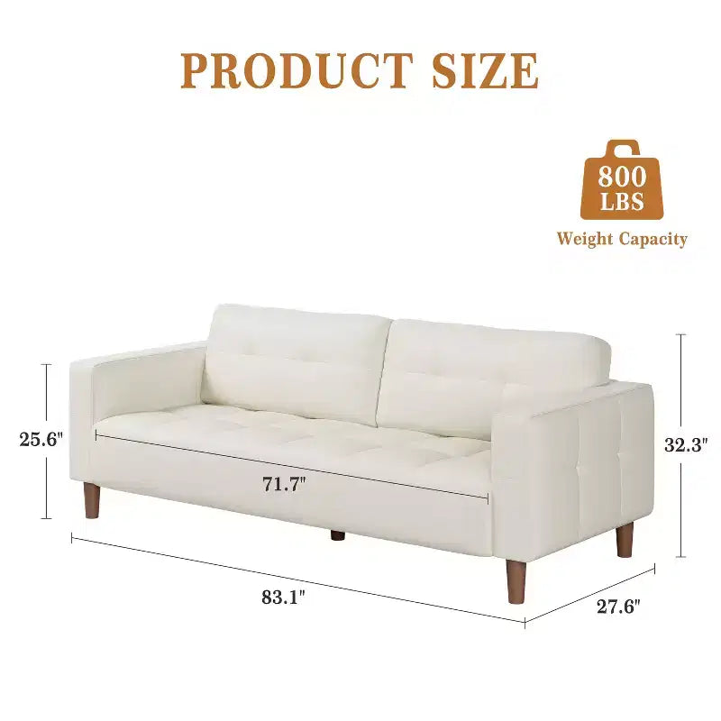210.8 cm Faux Leather 3-Seater Sofa with Back Cushion – Mid-Century Modern