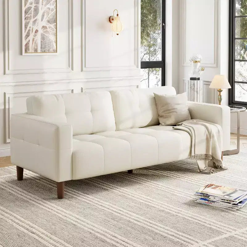 210.8 cm Faux Leather 3-Seater Sofa with Back Cushion – Mid-Century Modern