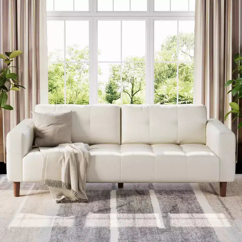 210.8 cm Faux Leather 3-Seater Sofa with Back Cushion – Mid-Century Modern