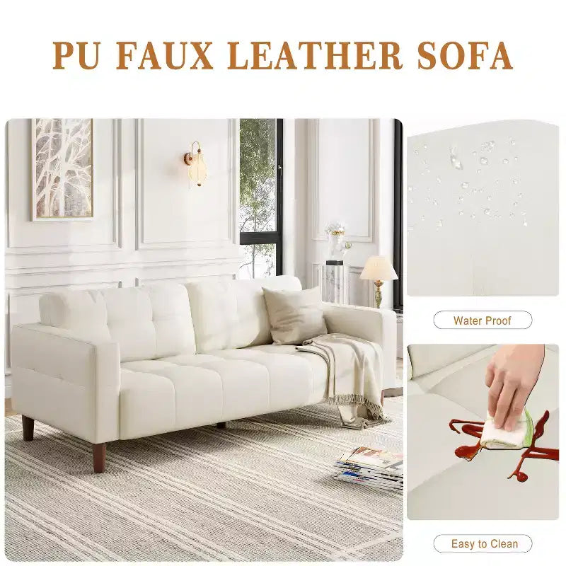 210.8 cm Faux Leather 3-Seater Sofa with Back Cushion – Mid-Century Modern