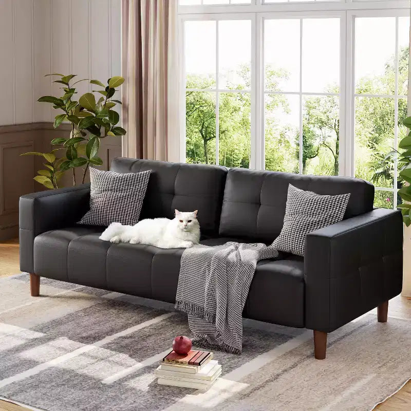 210.8 cm Faux Leather 3-Seater Sofa with Back Cushion – Mid-Century Modern