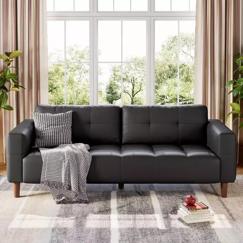 210.8 cm Faux Leather 3-Seater Sofa with Back Cushion – Mid-Century Modern