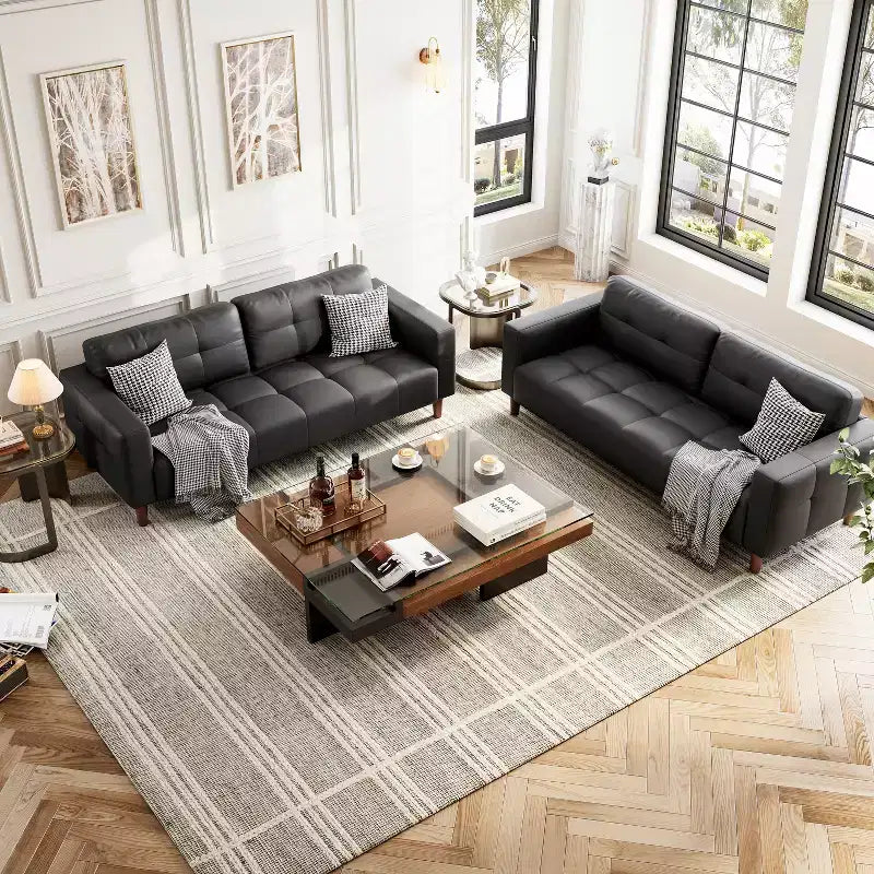 210.8 cm Faux Leather 3-Seater Sofa with Back Cushion – Mid-Century Modern